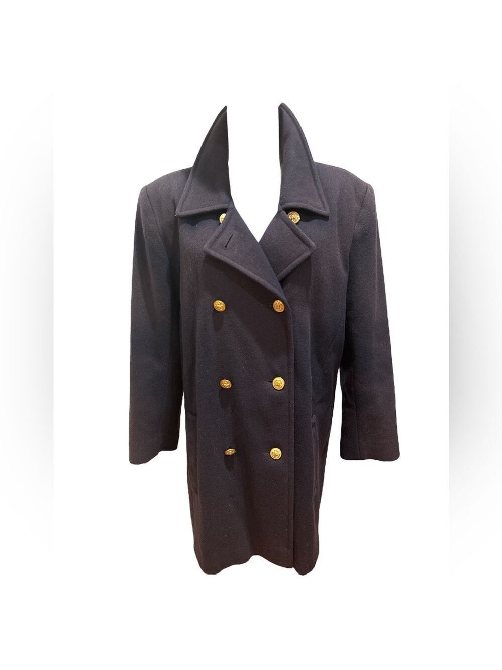 60s KAREN GRUNGE DISTRESSED WOOL NAVY PEA COAT W BRASS CREST BUTTONS SZ XL
